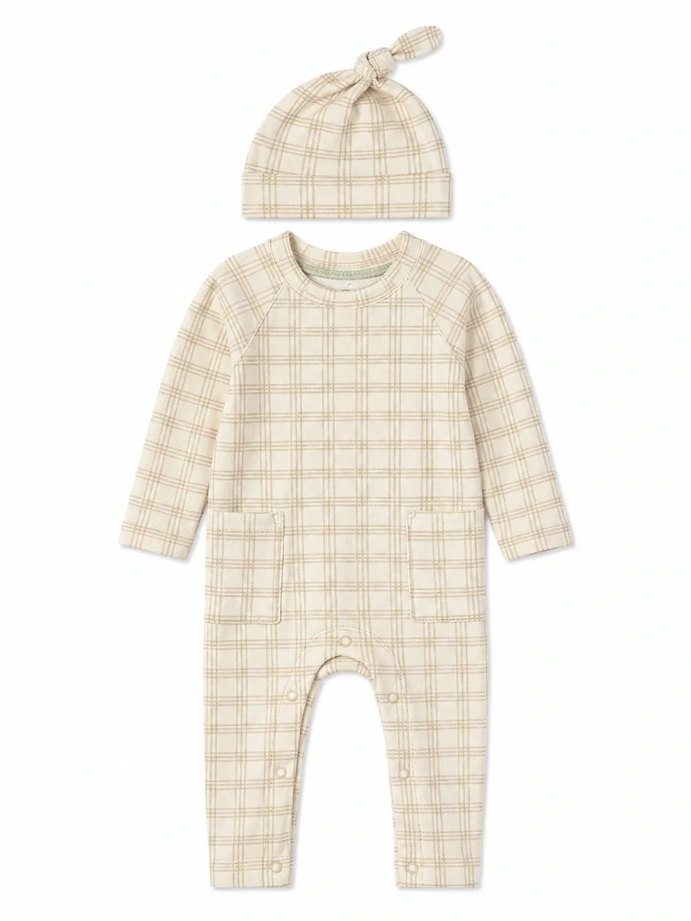 cloud island Cream Plaid One-Piece with Matching Knotted Hat